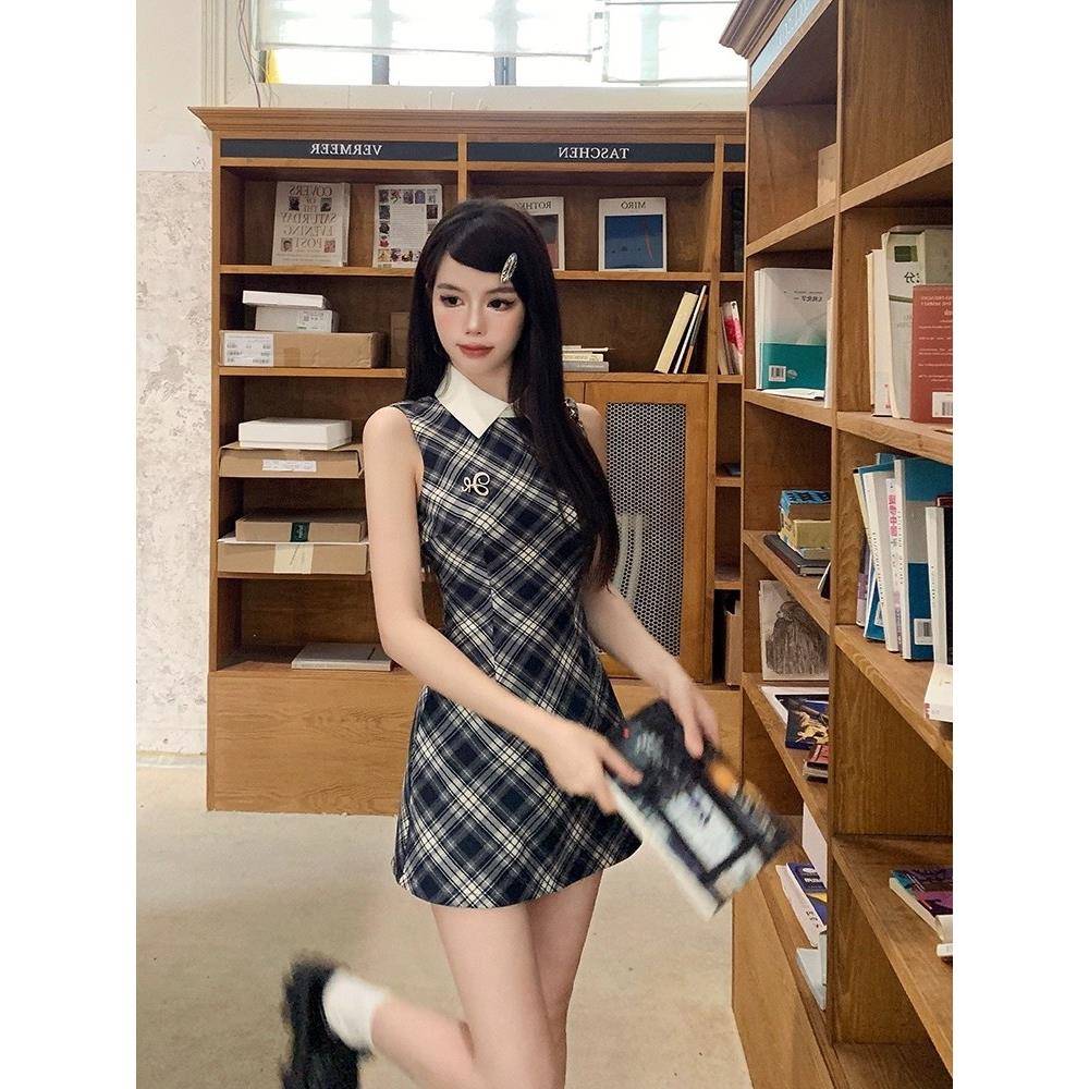 法式复古格子无袖连衣裙子女收腰气质设计感纯欲风polo领短裙夏季