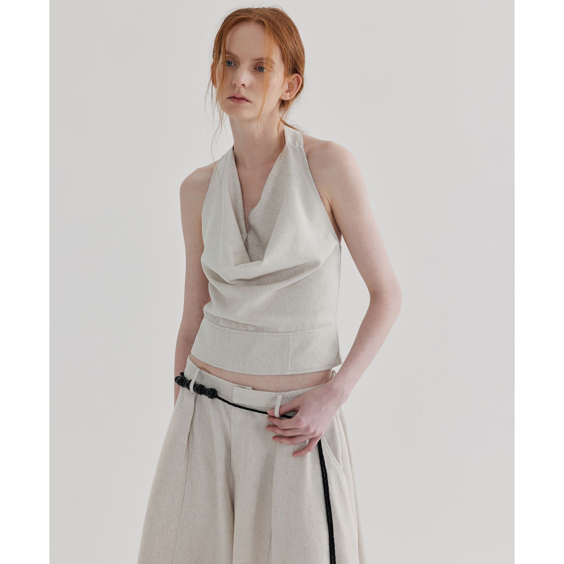 Textile Song甜颂设计感亚麻荡领无袖背心女2025显瘦通勤休闲上衣