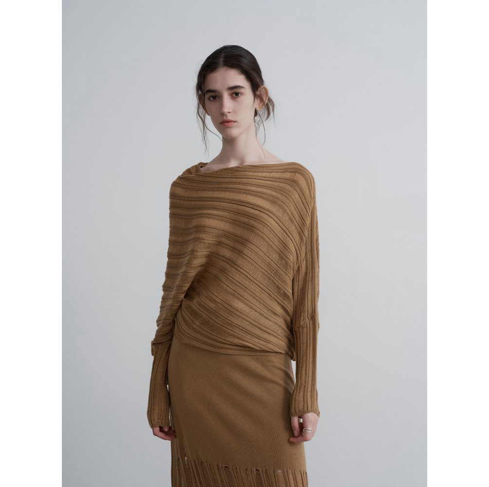 Textile Song美拉德不规则镂空毛衣女秋季松弛感一字领针织衫上衣