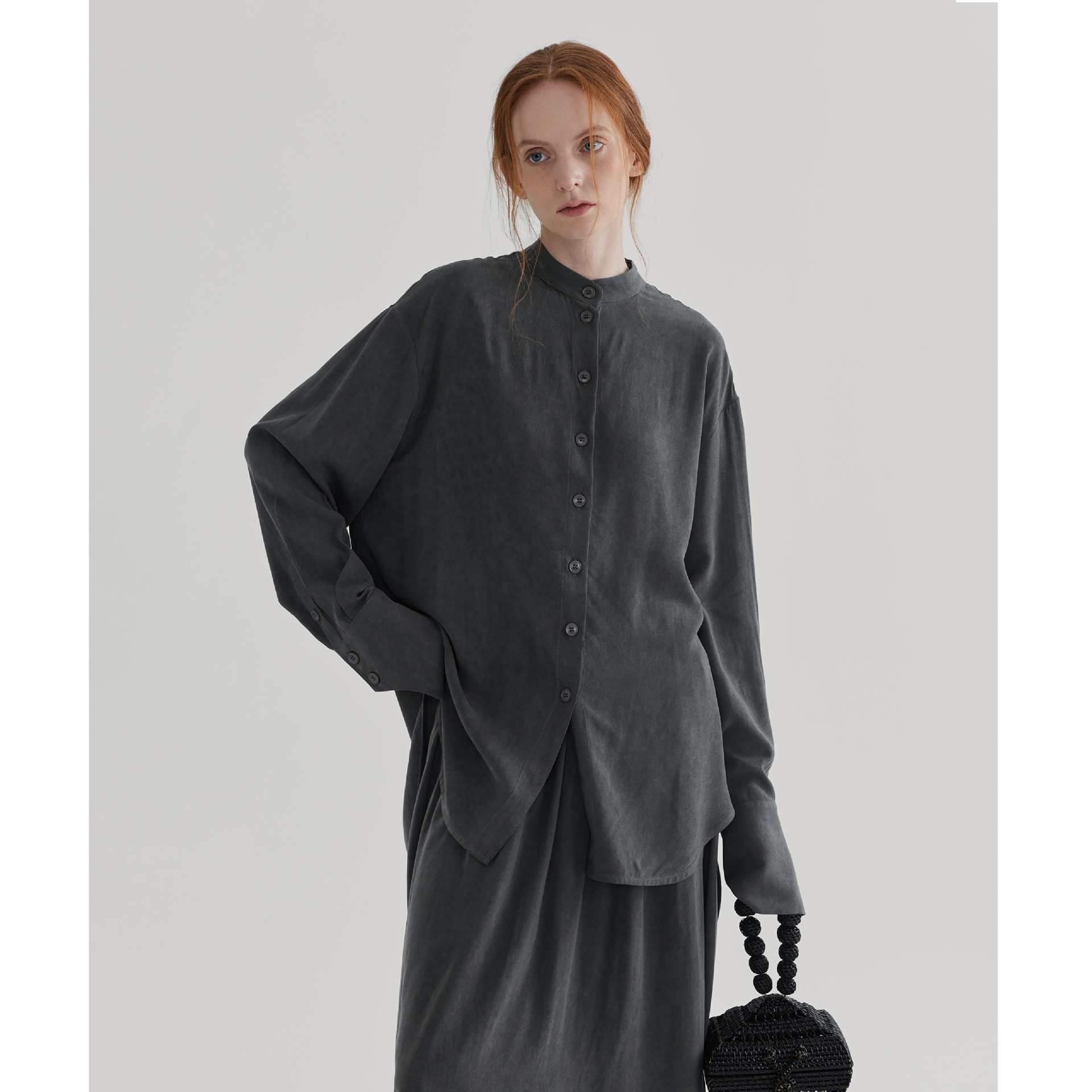 Textile Song甜颂前短后长设计晕染立领大版型衬衫松弛感上衣秋季