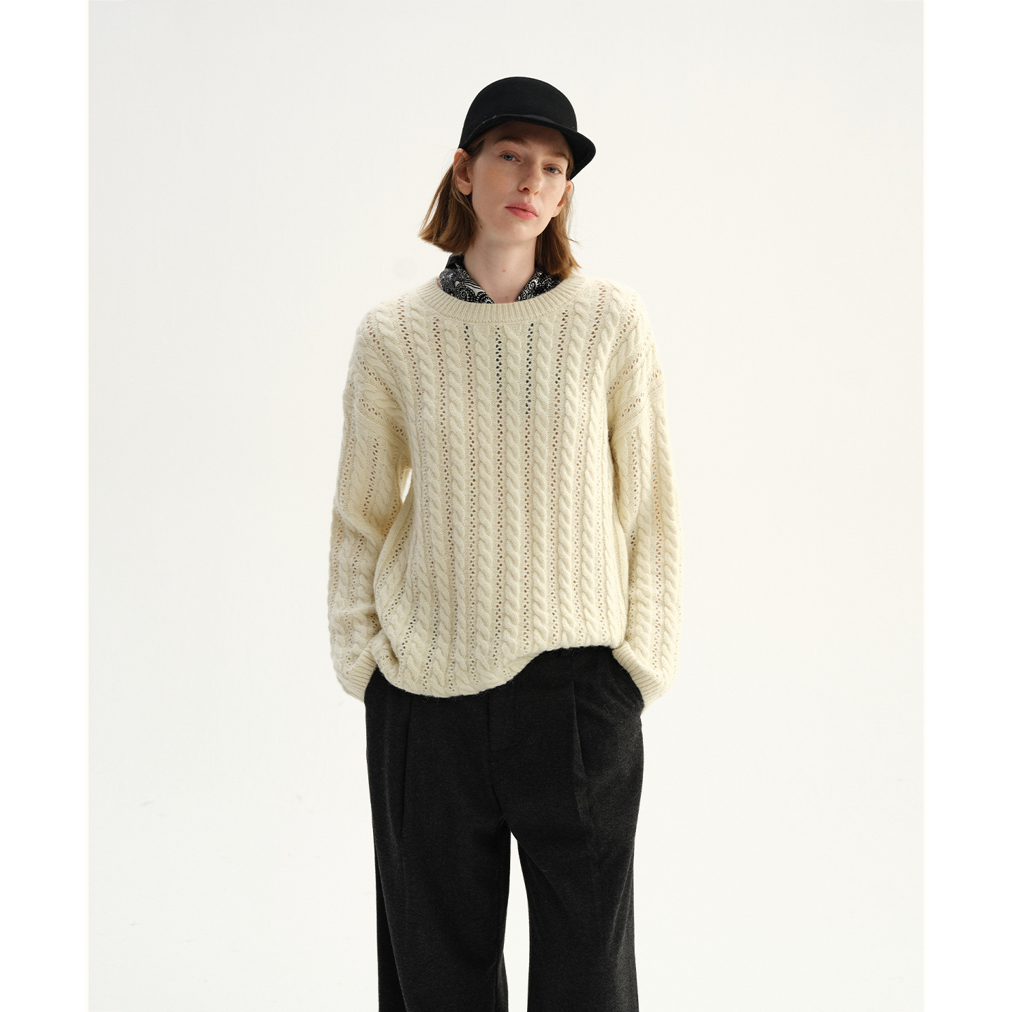 Textile Song复古长毛麻花圆领套头毛衣女秋冬慵懒风外套上衣