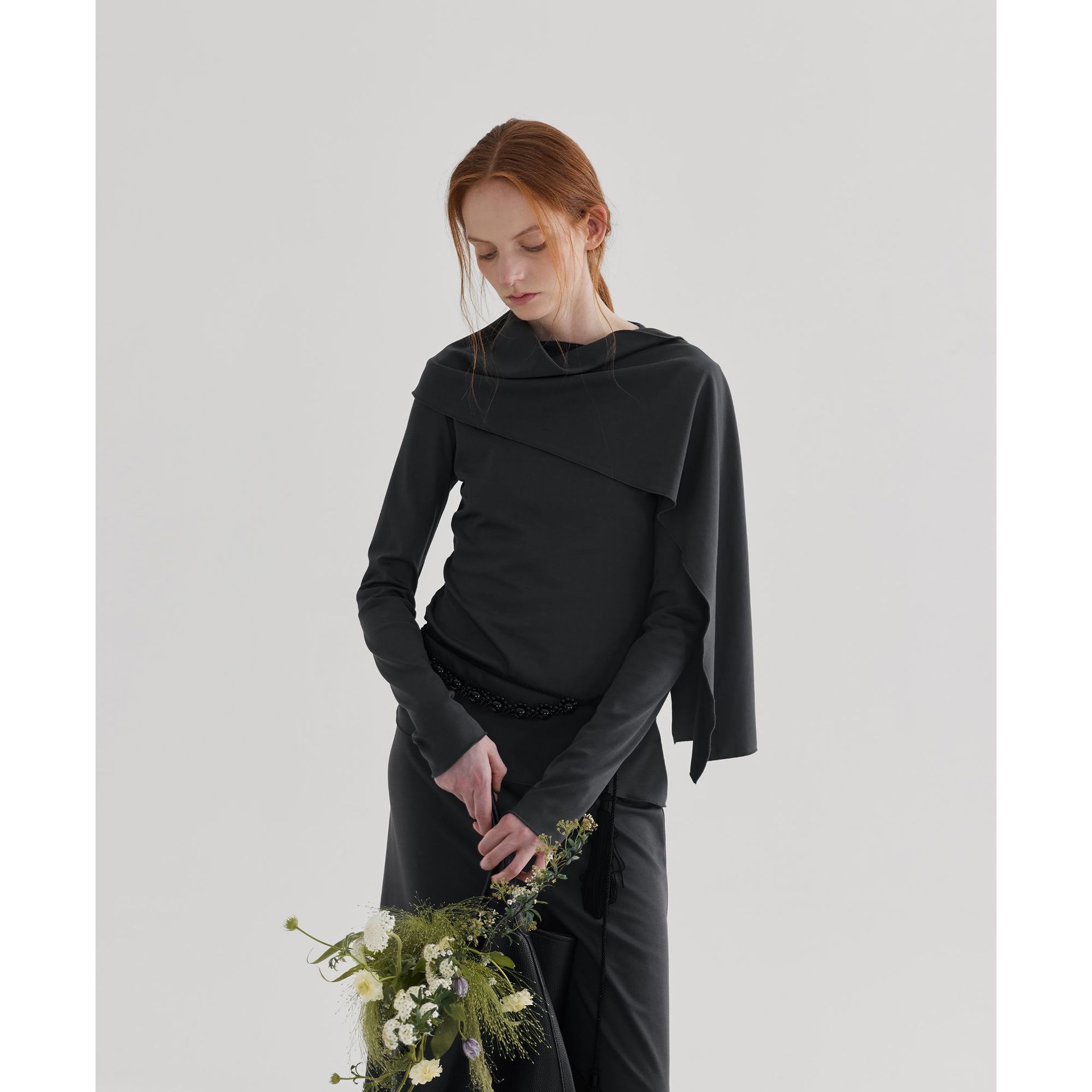 Textile Song甜颂设计感披肩连领上衣女通勤气质不规则长袖t恤