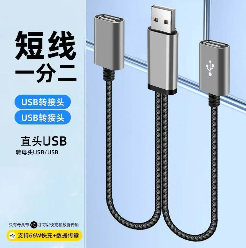 沐泽煜25厘米一分二母头快充数据线适用苹果16/17华为u盘听歌扩展延长充电线