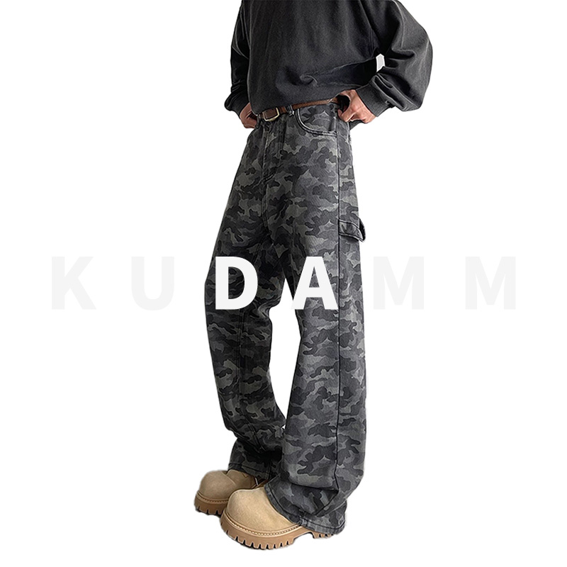 Kudamm-新款迷彩工裝牛仔褲男款美式高街微喇男褲寬松直筒褲子