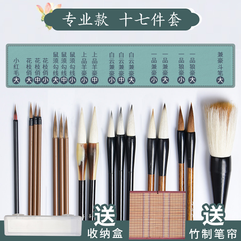成竹堂17支国画毛笔套装初学狼毫兼毫羊毫学生画画写意专业级山水画牡丹勾线笔提斗专用小红毛工笔画小大白云
