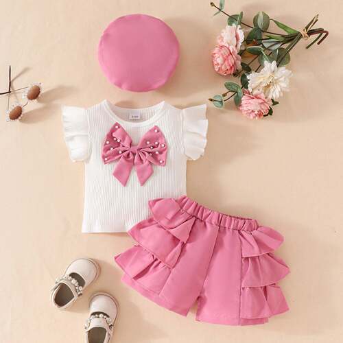 Toddler Girl Summer Clothes Big Pearl Bow Flutter Sleeve