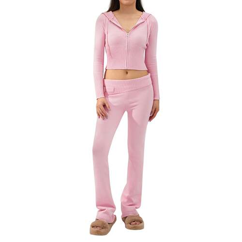 Women'S Long Sleeve Zip-Up Hoodie + High-Waisted Knit Pants