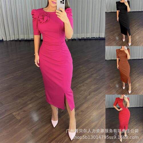 Women'S Round Neck Puff Sleeve 3D Flower Decor Bodycon