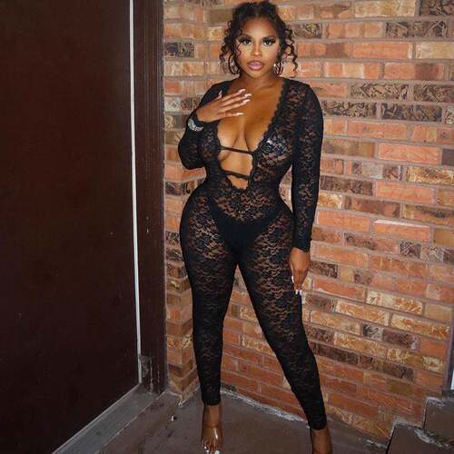 Sexy Lace Material Deep V Detail See Through Long Sleeve