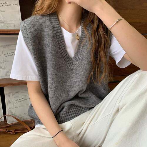 Women'S Knitted Sweater Vest Coffee Color V Neck Slimming
