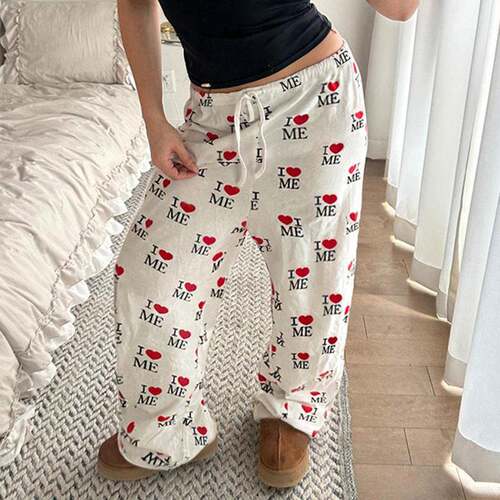 Women'S Letter & Heart Print Drawstring Waist Sweatpants