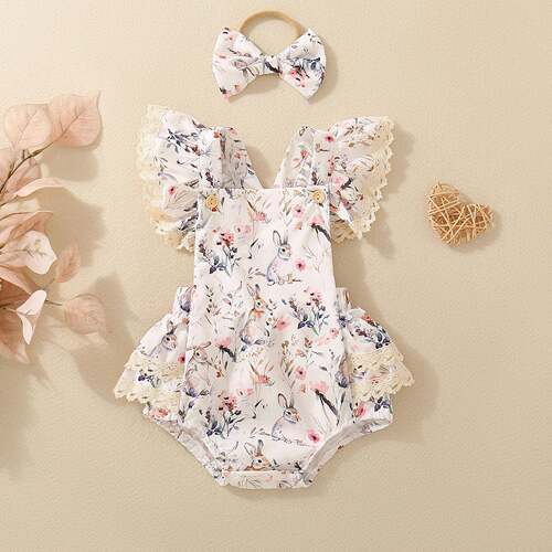 Baby Girls Easter Romper Outfits Flower Bunny Print Onesie