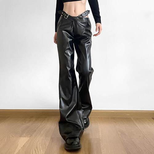 Women'S Pu Leather Lace Patchwork Bell Bottom Pants Vintage