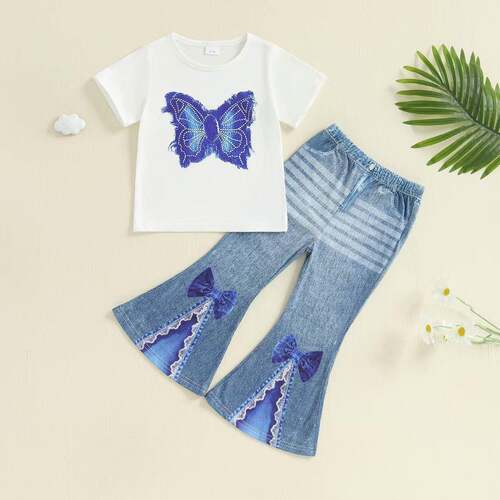 Little Toddler Girl Summer Outfit Butterfly Pattern Crew