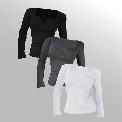 Women'S Casual Slim Fit Long Sleeve Round Neck Button Top