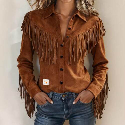Women'S Fringe Faux Suede Leather Jackets With Notched