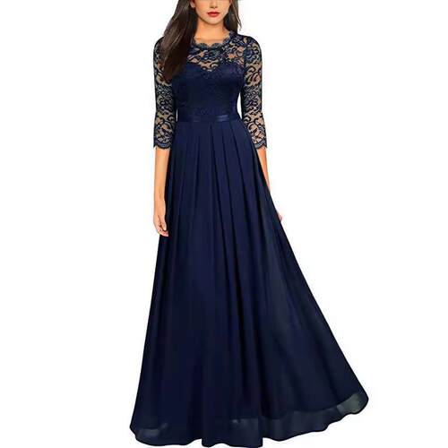 Vintage Black Lace Dress Flowy 3/4 Sleeve Evening Dress With