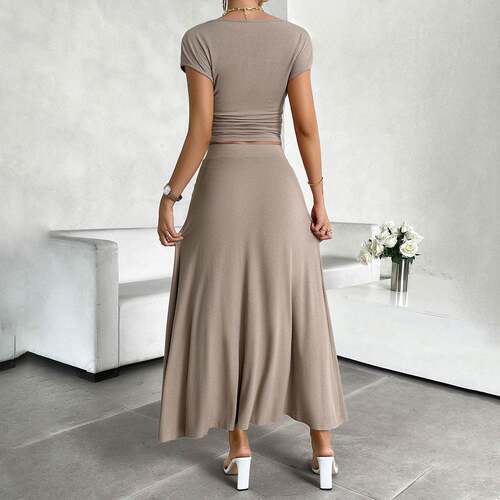 Women'S 2 Piece Maxi Skirt Sets Casual Summer Knit Cropped
