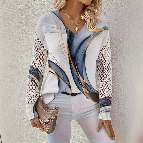 Women'S V Neck Long Sleeve Knit Sweater Peacock Floral Print
