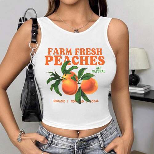 Women'S Peach & Letter Print Round Neck Tank Top Casual