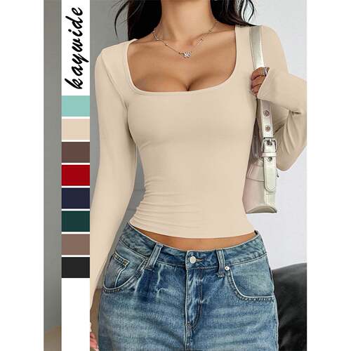 Pure Color Casual Daily Simple Minimalist Square Neck Slim