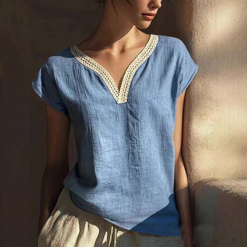 Elegant Aesthetics Lace Patchwork V-Neck Shirt Blouse Summer
