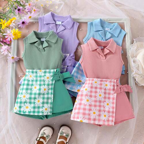 Toddler Girl 2Pcs Summer Outfit Sleeveless Collared Tank Top