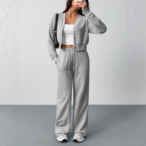 Women'S Long Sleeve Knit Jacket & Pants Matching Set Casual