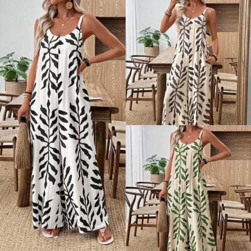 Women'S Leaf Print Wide Leg Jumpsuit Casual Sleeveless Cami