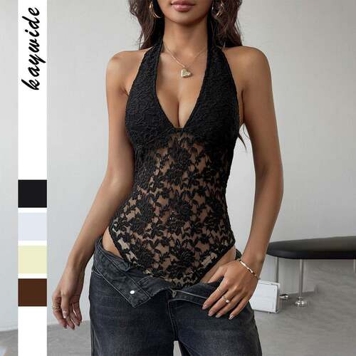 Pure Color Halter Lace Bodysuit Deep V Transparent Sheer