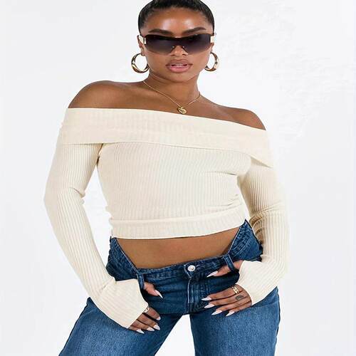 Women'S Basic Slim Fit Long Sleeve Off Shoulder Short Top
