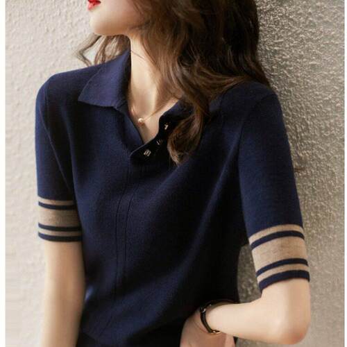 New Fine Knit Polo Shirt T-Shirt For Women Spring & Fall