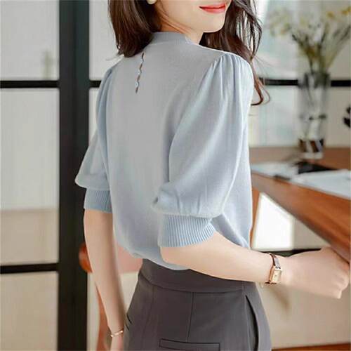 Women'S Short Sleeve Bubble Hem Round Neck Fitted Top Spring