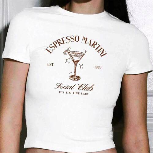 Women'S Letter & Martini Print Round Neck Tee Casual Short