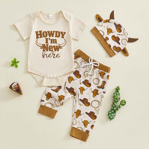 Baby Boy 3 Piece Outfit Set Cowboy Boots Cattle Head Print