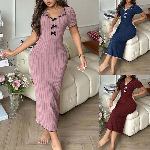 Elegant Women'S Color-Blocked Bow Tie Ribbed Knit Dress