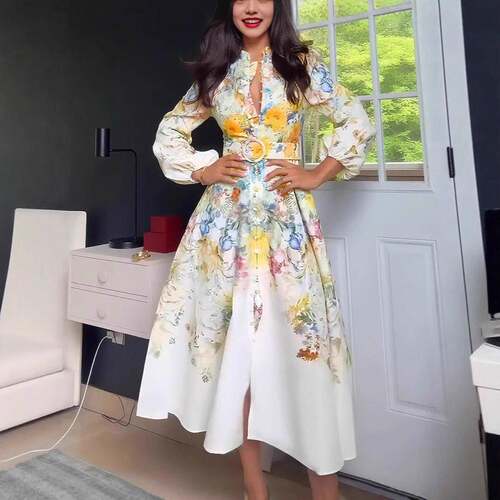 French Style Floral Print Stand Collar Lantern Sleeve Button