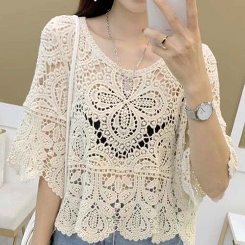 Women'S Plain Hollow Out Sheer Scoop Neck Cover Up Top