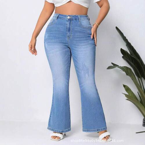 Plus Size Stretch Flare Pants Casual Fitted Denim Trousers