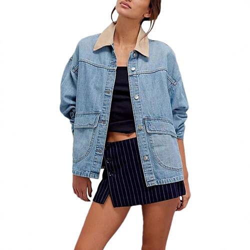 Womens Contrast Collar Loose Denim Jacket Vintage Washed