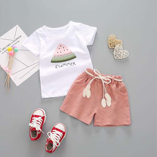Toddler Baby Girls Clothes Watermelon T-Shirt + Linen Shorts