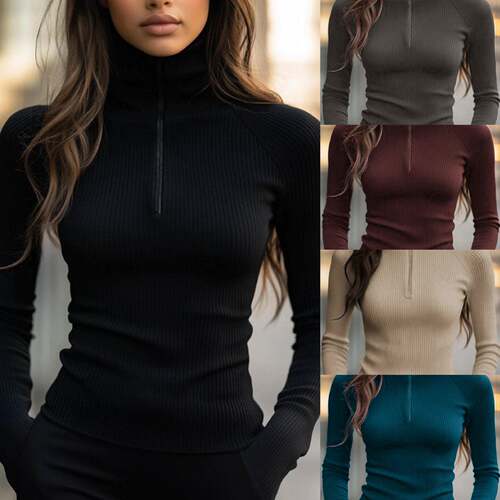 Women'S Fall Winter High Neck Half Zip Knit Striped Long