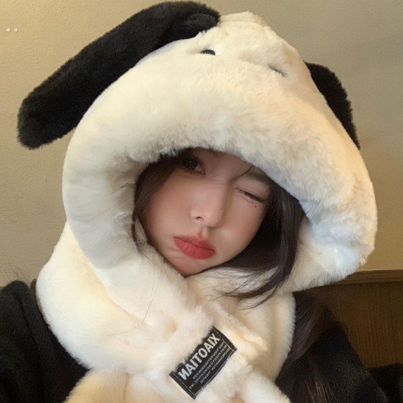 可爱小狗长耳朵毛绒帽子围巾一体雷锋帽女秋冬季显脸小保暖