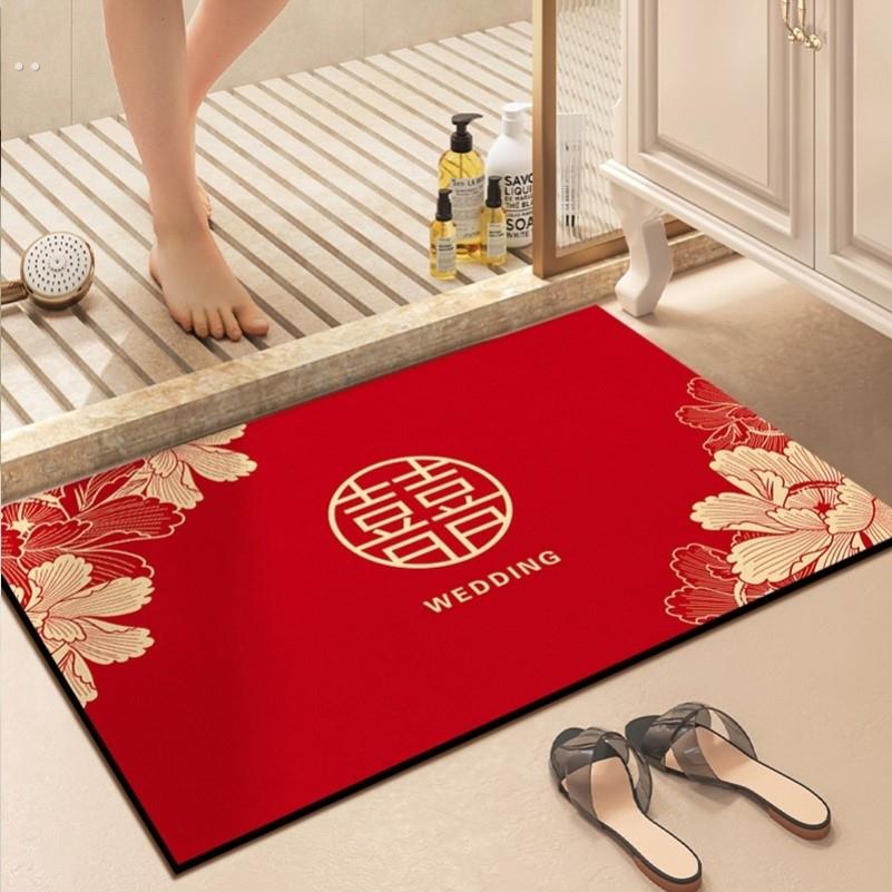 浴室结婚地垫矽藻泥吸水速干防滑红色脚垫化妆室门口垫子喜字地毯