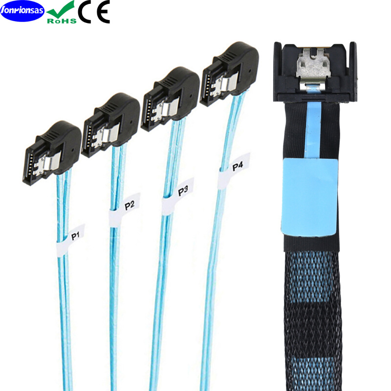 SlimSAS 8654 MCIO 4I(38P)转4个sata 7P PCIE5.0 左弯数据连接线