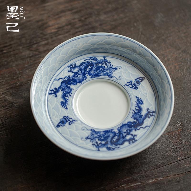 墨己仿古胎高足壶承仿元青花腾龙纹盖碗茶壶底托茶道配件多用