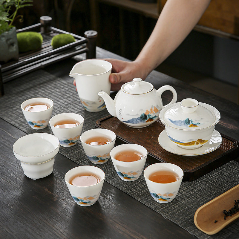 晟翔陶瓷家用茶具茶杯复古茶具套装千里江山盖碗茶壶11头简约