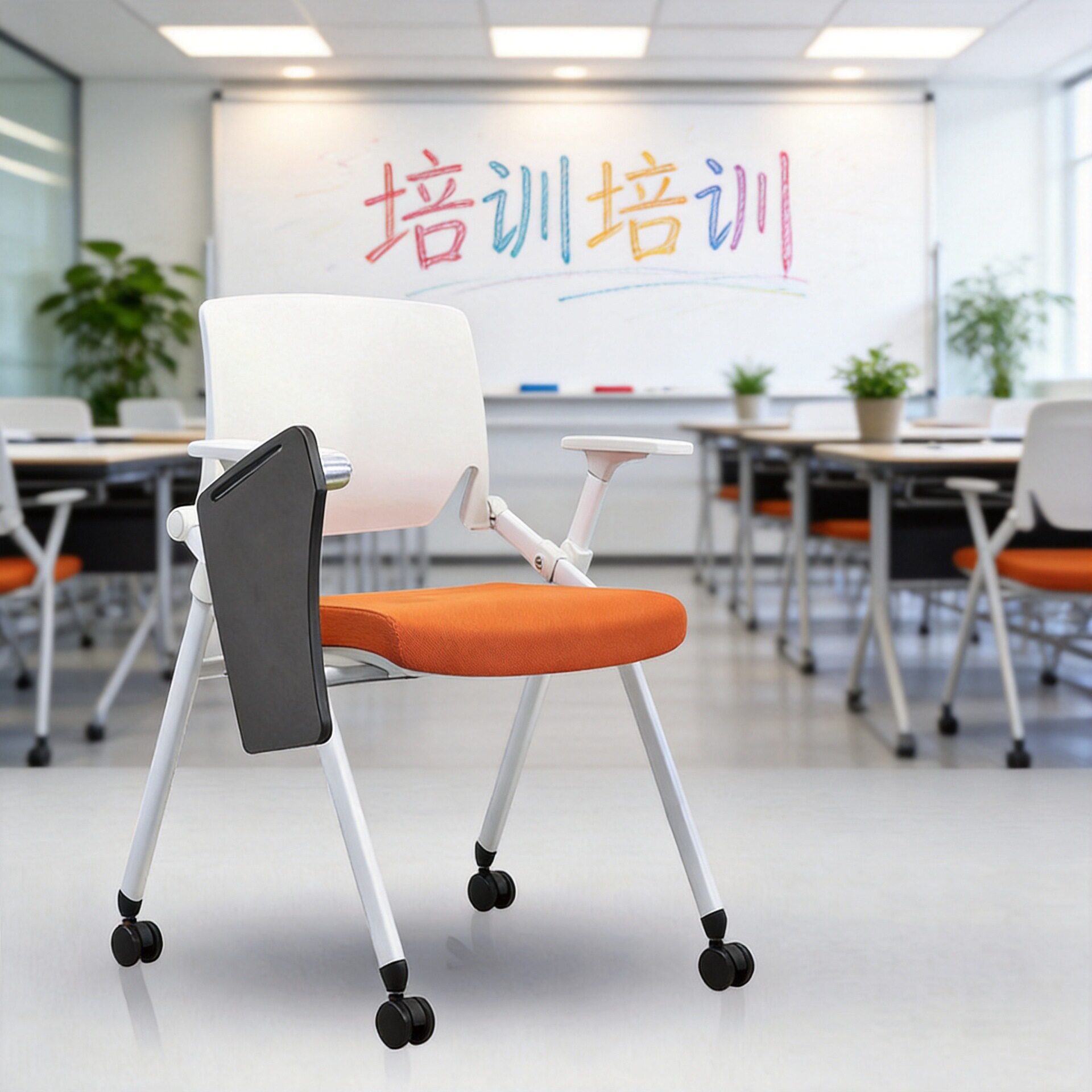 会议室开会高端培训椅写字板椅子白色可折叠后仰逍遥椅办公椅带轮