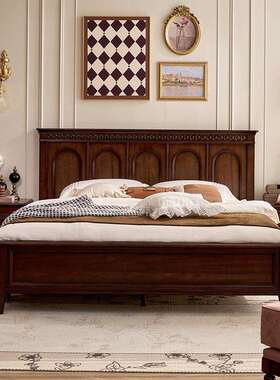 (FAS级桃花芯)法式中古风全实木床复古主卧双人床卧室平头床婚床