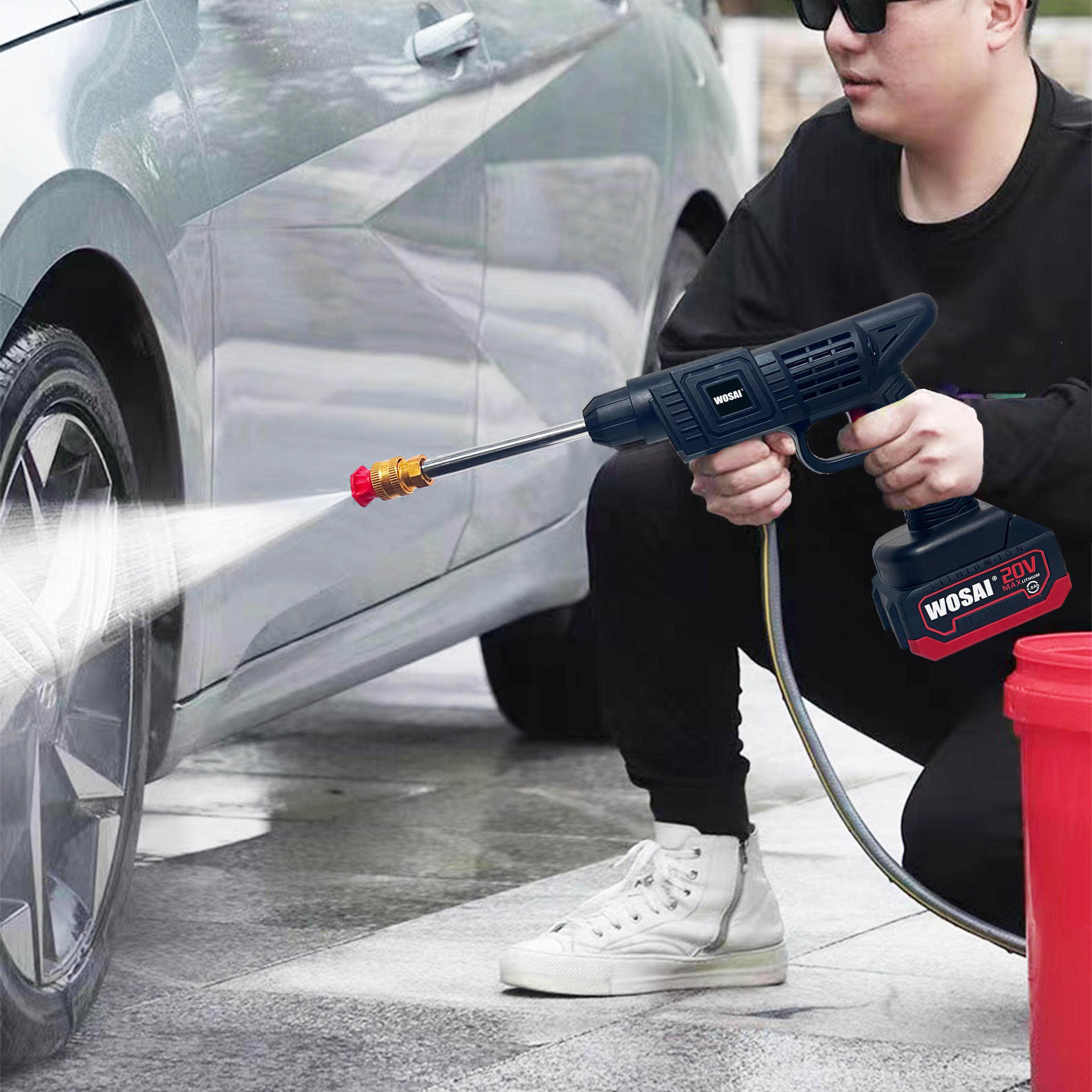 WOSAI防撞耐用20v无线锂电高压水枪洗车机清洗机